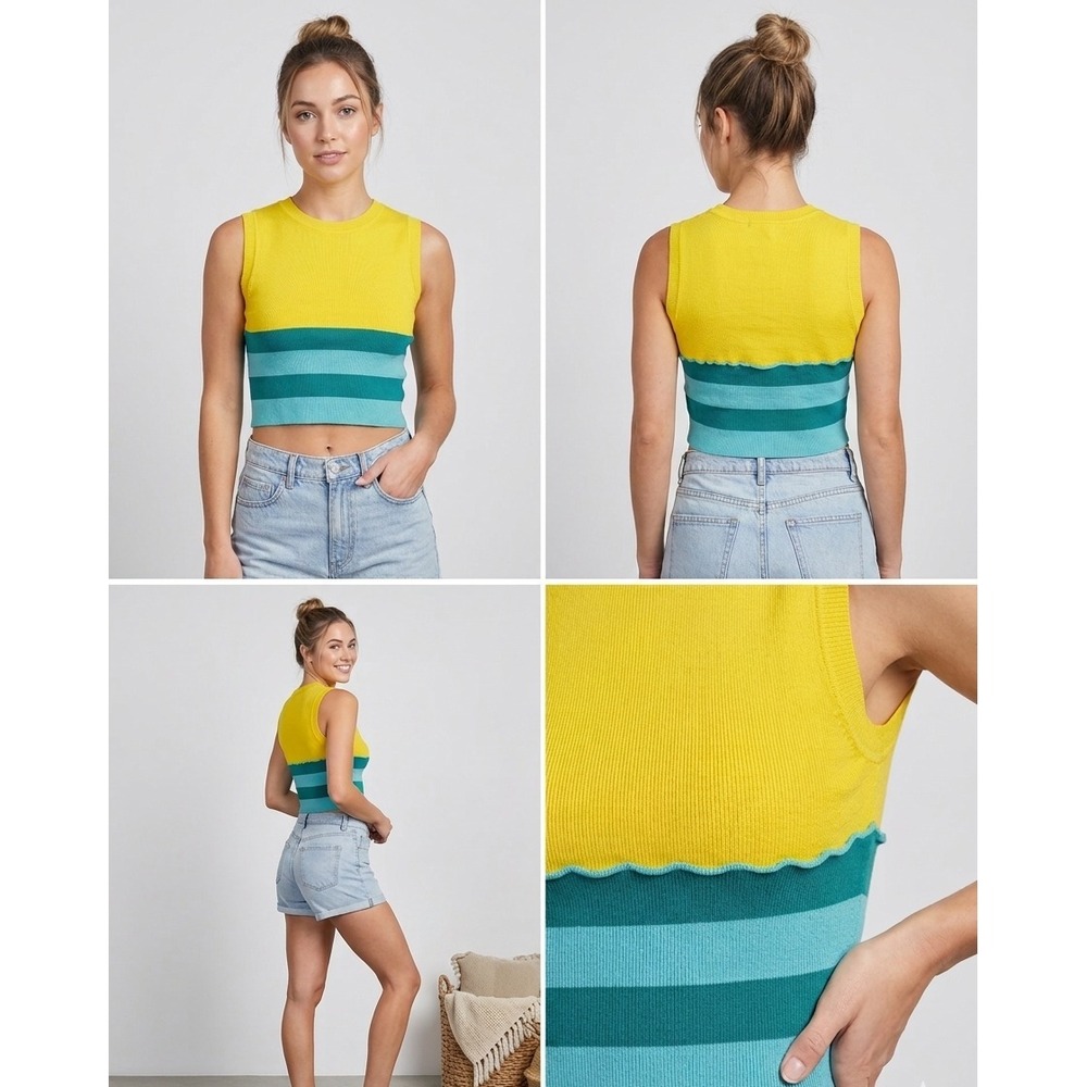 Zara Crop Tank Top Womens M Yellow Teal Green Striped Ribbed Knit Sleeveless